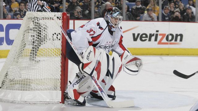 BUFFALO, NEW YORK - MARCH 5: Goaltender Olie Kolzig #37 of the Washington Capitals waits for a shot against the Buffalo Sabres during their NHL game on March 5, 2008 at HSBC Arena in Buffalo, New York.