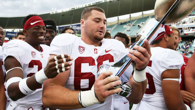 SYDNEY, AUSTRALIA - AUGUST 27: Harrison Phillips of Stanford and team mates celebrate winning the College Football Sydney Cup match between Stanford University (Stanford Cardinal) and Rice University (Rice Owls) at Allianz Stadium on August 27, 2017 in Sydney, Australia.