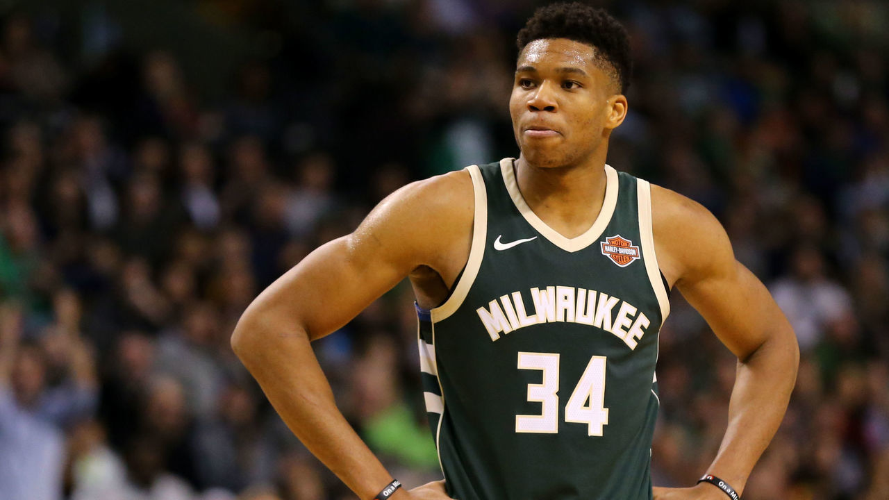 BOSTON, MA - DECEMBER 4: Giannis Antetokounmpo #34 of the Milwaukee Bucks looks on during the second half against the Boston Celtics at TD Garden on December 4, 2017 in Boston, Massachusetts. The Celtics defeat the Bucks 111-100.