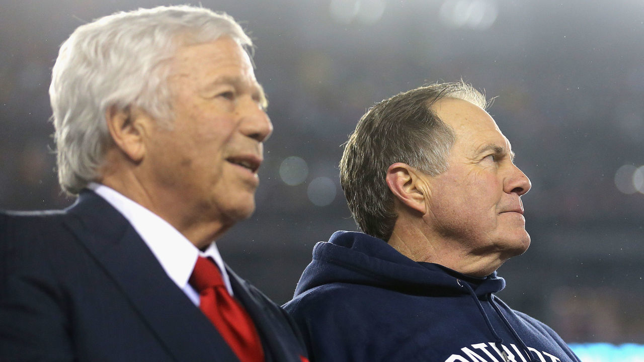 FOXBORO, MA - JANUARY 22: Robert Kraft, owner and CEO of the New England Patriots (L), and head coach Bill Belichick of the New England Patriots look on after defeating the Pittsburgh Steelers 36-17 to win the AFC Championship Game at Gillette Stadium on January 22, 2017 in Foxboro, Massachusetts.
