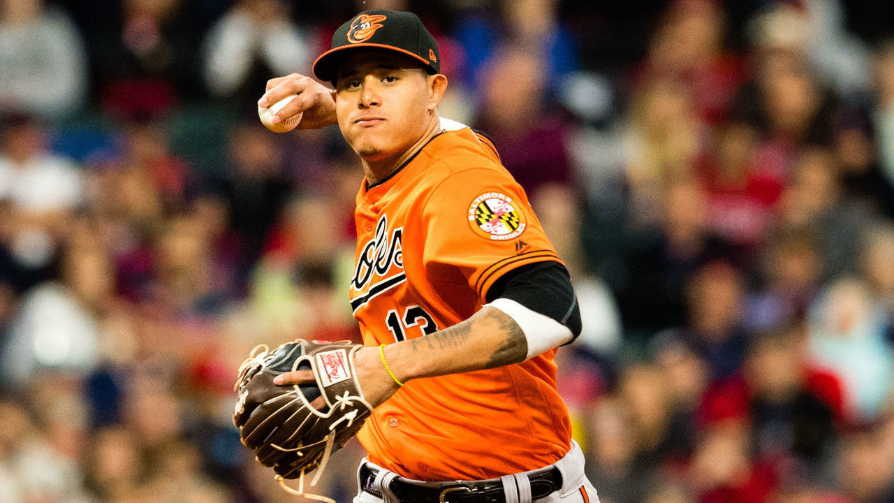 CLEVELAND, OH - SEPTEMBER 8: Third baseman Manny Machado #13 of the Baltimore Orioles throws out Edwin Encarnacion #10 of the Cleveland Indians at first to end the third inning at Progressive Field on September 8, 2017 in Cleveland, Ohio.
