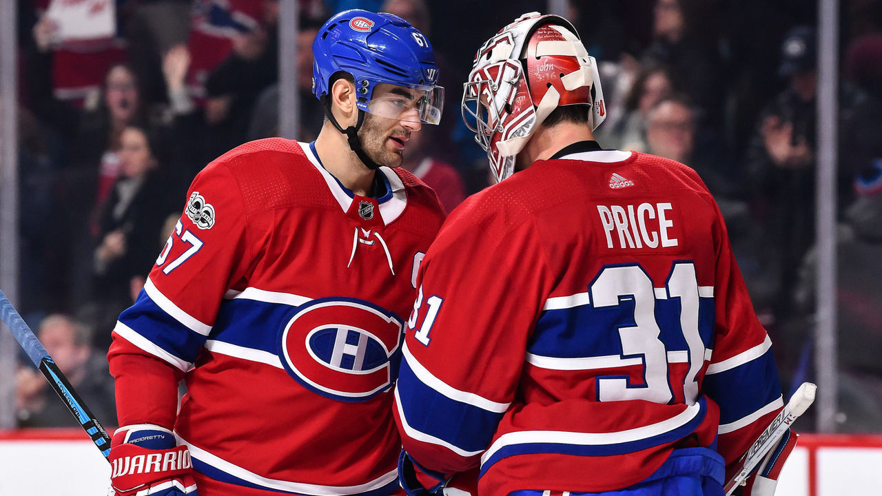 MONTREAL, QC - DECEMBER 02: Max Pacioretty #67 of the Montreal Canadiens congratulates goaltender Carey Price #31 for their victory against the Detroit Red Wings during the NHL game at the Bell Centre on December 2, 2017 in Montreal, Quebec, Canada. The Montreal Canadiens defeated the Detroit Red Wings 10-1.