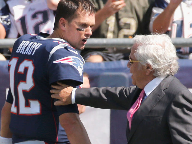 FOXBORO, MA - SEPTEMBER 24: Tom Brady #12 of the New England Patriots speaks with owner Robert Kraft before a game against the Houston Texans at Gillette Stadium on September 24, 2017 in Foxboro, Massachusetts.