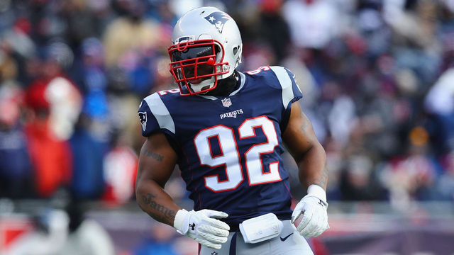 FOXBORO, MA - DECEMBER 31: James Harrison #92 of the New England Patriots looks on during the first half against the New York Jets at Gillette Stadium on December 31, 2017 in Foxboro, Massachusetts.