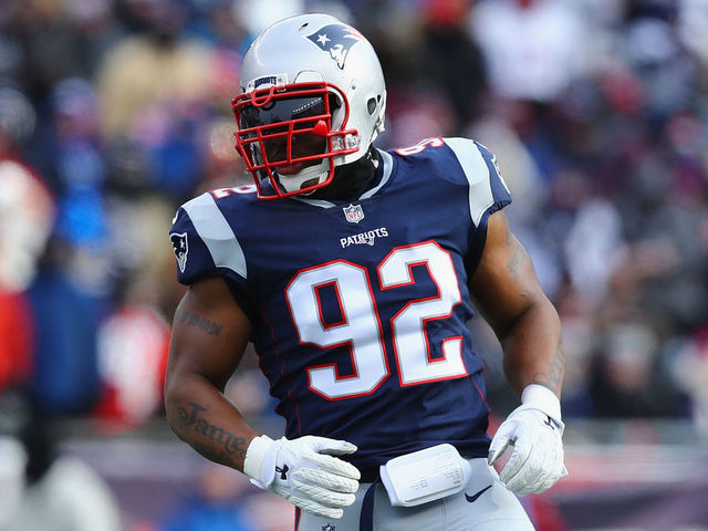 FOXBORO, MA - DECEMBER 31: James Harrison #92 of the New England Patriots looks on during the first half against the New York Jets at Gillette Stadium on December 31, 2017 in Foxboro, Massachusetts.