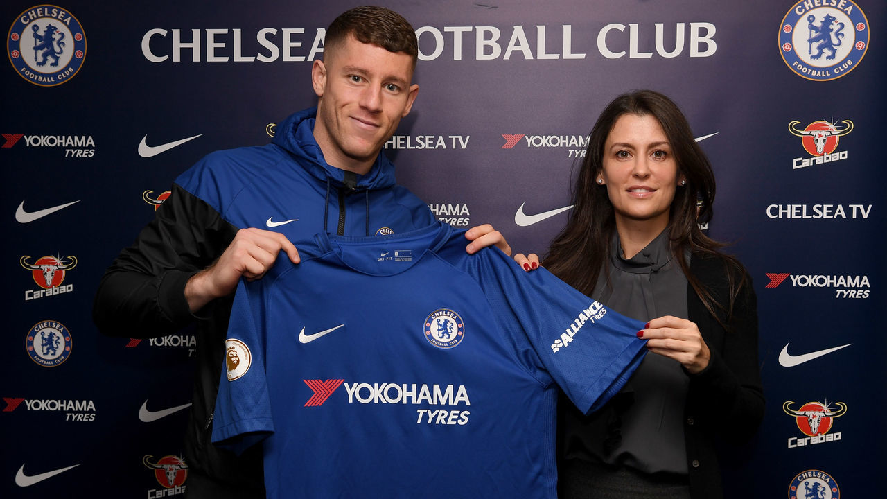 LONDON, ENGLAND - JANUARY 05: Marina Granovskaia of Chelsea with new signing Ross Barkley at Stamford Bridge on January 5, 2018 in London, England.