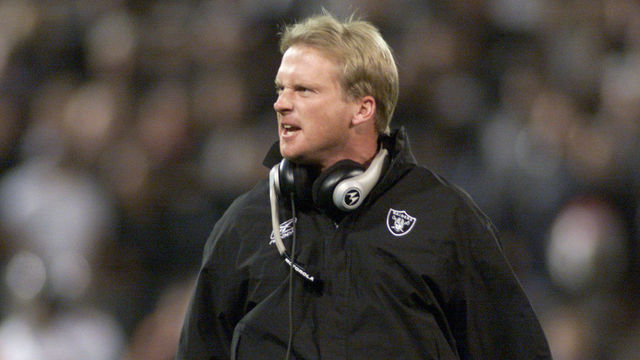5 Nov 2001: Jon Gruden head coach of the Oakland Raiders shouts on the sideline in their game versus the Denver Broncos at Network Associates Coliseum in Oakland, California. The Raiders won 38-28. DIGITAL IMAGE Mandatory Credit: Jed Jacobsohn/Allsport