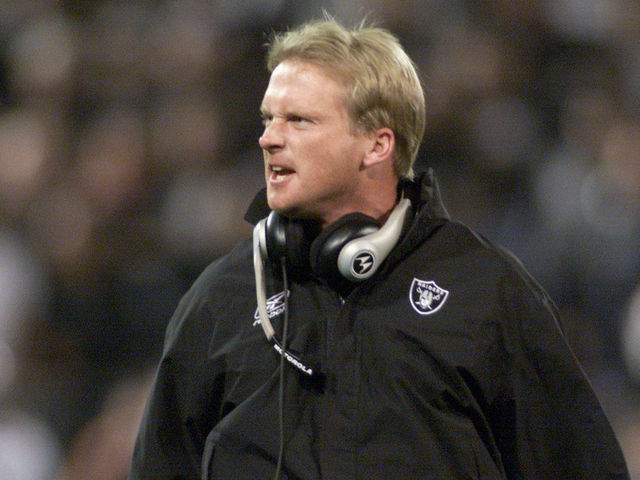 5 Nov 2001: Jon Gruden head coach of the Oakland Raiders shouts on the sideline in their game versus the Denver Broncos at Network Associates Coliseum in Oakland, California. The Raiders won 38-28. DIGITAL IMAGE Mandatory Credit: Jed Jacobsohn/Allsport