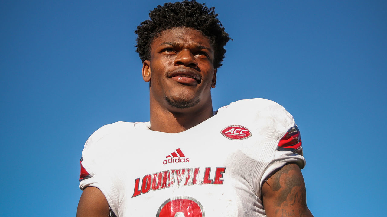 CHESTNUT HILL, MA - NOVEMBER 05: Lamar Jackson #8 of Louisville reacts following a game against Boston College at Alumni Stadium on November 5, 2016 in Chestnut Hill, Massachusetts.
