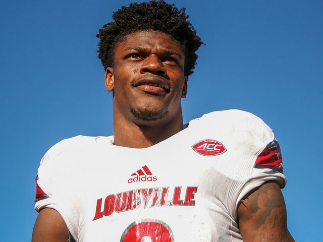 CHESTNUT HILL, MA - NOVEMBER 05: Lamar Jackson #8 of Louisville reacts following a game against Boston College at Alumni Stadium on November 5, 2016 in Chestnut Hill, Massachusetts.