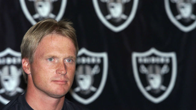 5 JUN 2001: Jon Gruden head coach of the Oakland Raiders announces signing Jerry Rice with the Oakland Raiders at the Oakland Raider Training Facility in Alameda, California. DIGITAL IMAGE. Mandatory Credit: Tom Hauck/ALLSPORT