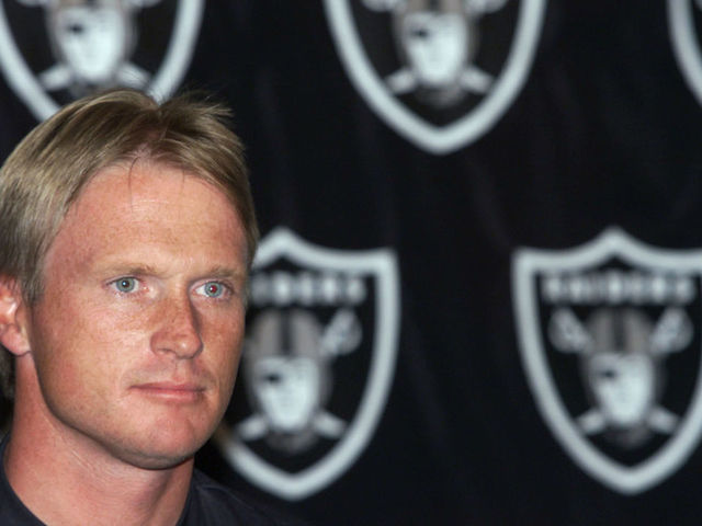 5 JUN 2001: Jon Gruden head coach of the Oakland Raiders announces signing Jerry Rice with the Oakland Raiders at the Oakland Raider Training Facility in Alameda, California. DIGITAL IMAGE. Mandatory Credit: Tom Hauck/ALLSPORT