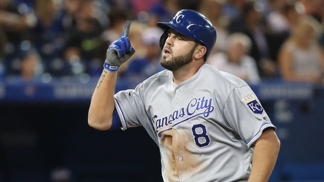 TORONTO, ON - SEPTEMBER 20: Mike Moustakas #8 of the Kansas City Royals celebrates after hitting a solo home run in the sixth inning, setting a club record with 37 home runs in a season, during MLB game action against the Toronto Blue Jays at Rogers Centre on September 20, 2017 in Toronto, Canada.