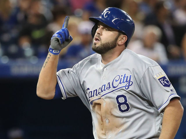 TORONTO, ON - SEPTEMBER 20: Mike Moustakas #8 of the Kansas City Royals celebrates after hitting a solo home run in the sixth inning, setting a club record with 37 home runs in a season, during MLB game action against the Toronto Blue Jays at Rogers Centre on September 20, 2017 in Toronto, Canada.