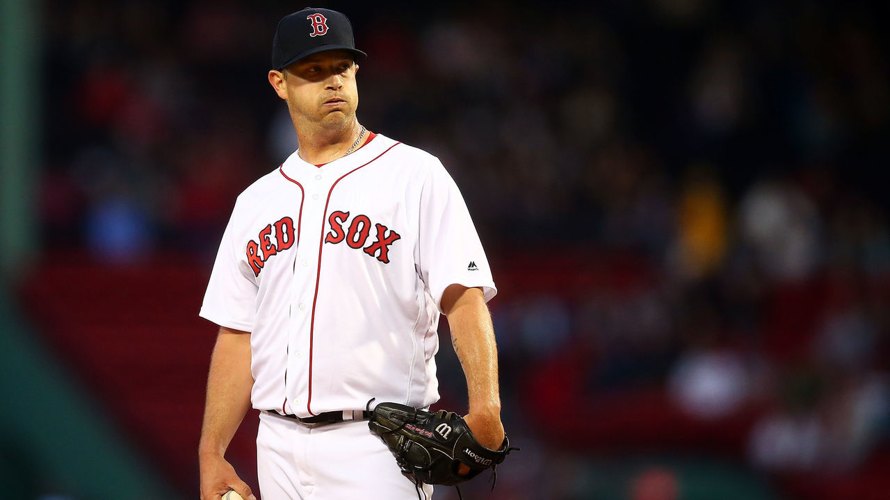BOSTON, MA - APRIL 12: Steven Wright #35 of the Boston Red Sox looks on in the first inning of a game against the Baltimore Orioles at Fenway Park on April 12, 2017 in Boston, Massachusetts.