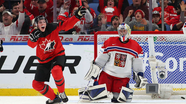 BUFFALO, NY - JANUARY 4: Drake Batherson #19 of Canada celebrates after scoring on Josef Korenar #30 of Czech Republic during the IIHF World Junior Championship at KeyBank Center on January 4, 2018 in Buffalo, New York. Canada beat the Czech Republic 7-2.