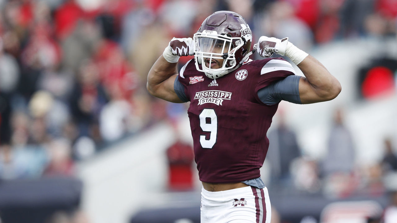 JACKSONVILLE, FL - DECEMBER 30: Montez Sweat #9 of the Mississippi State Bulldogs reacts after a tackle for loss against the Louisville Cardinals during the TaxSlayer Bowl at EverBank Field on December 30, 2017 in Jacksonville, Florida. The Bulldogs won 31-27.