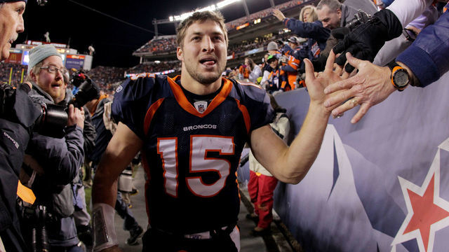 DENVER, CO - JANUARY 08: Tim Tebow #15 of the Denver Broncos celebrates after defeating the Pittsburgh Steelers in overtime of the AFC Wild Card Playoff game at Sports Authority Field at Mile High on January 8, 2012 in Denver, Colorado. The Denver Broncos defeated the the Pittsburgh Steelers in overtime 23 - 29.
