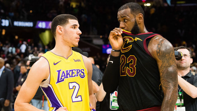 CLEVELAND, OH - DECEMBER 14: Lonzo Ball #2 of the Los Angeles Lakers listens to LeBron James #23 of the Cleveland Cavaliers after the game at Quicken Loans Arena on December 14, 2017 in Cleveland, Ohio. The Cavaliers defeated the Lakers 121-112.