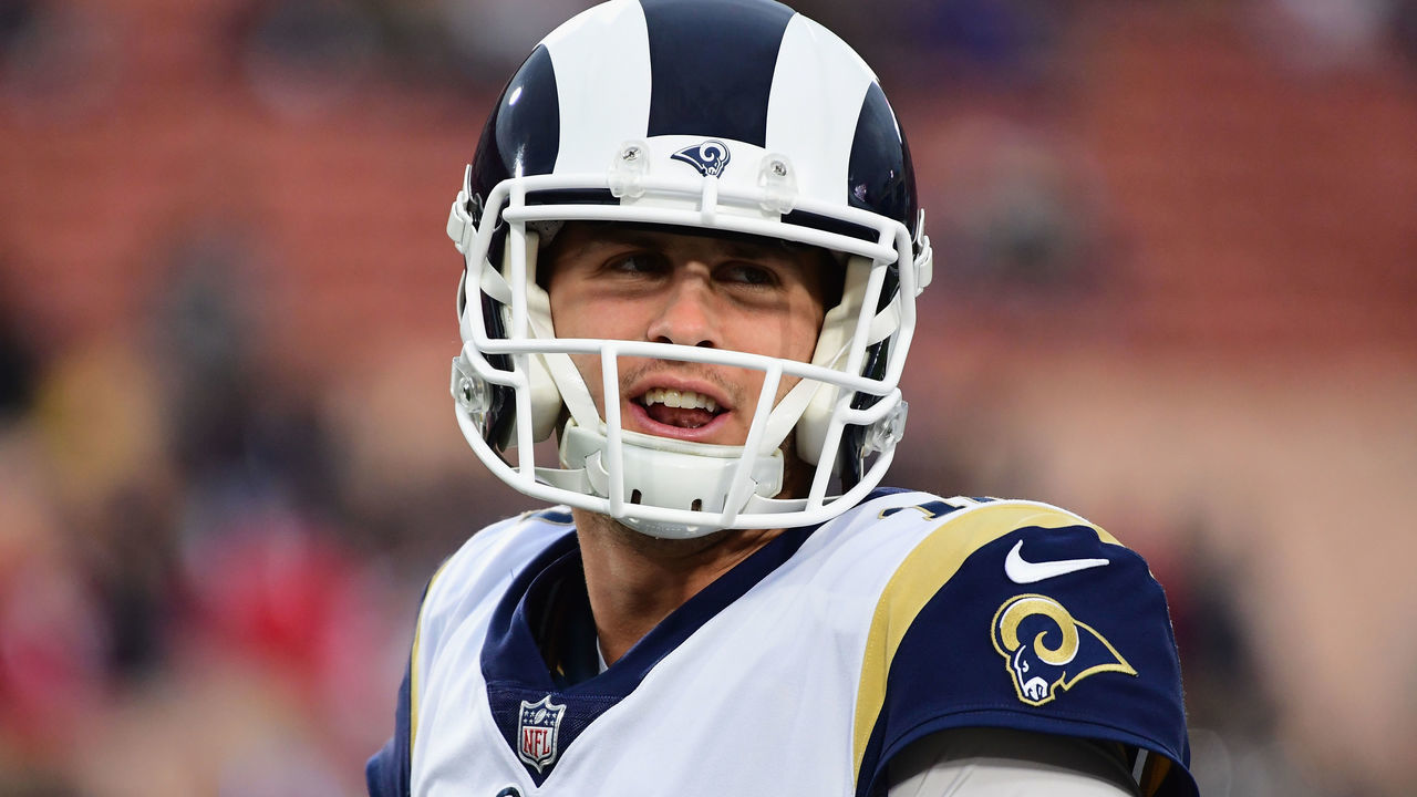 LOS ANGELES, CA - JANUARY 06: Quarterback Jared Goff #16 of the Los Angeles Rams looks on while warming up for the NFC Wild Card Playoff game against the Atlanta Falcons at Los Angeles Coliseum on January 6, 2018 in Los Angeles, California.