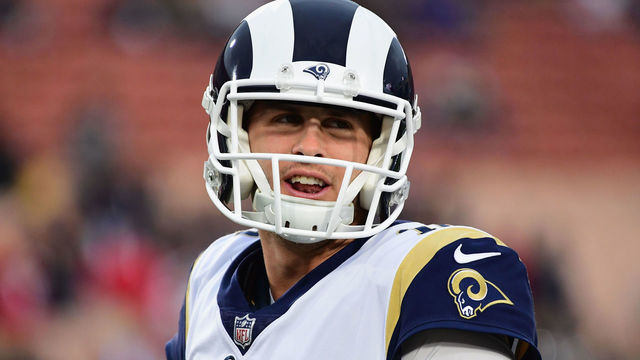 LOS ANGELES, CA - JANUARY 06: Quarterback Jared Goff #16 of the Los Angeles Rams looks on while warming up for the NFC Wild Card Playoff game against the Atlanta Falcons at Los Angeles Coliseum on January 6, 2018 in Los Angeles, California.