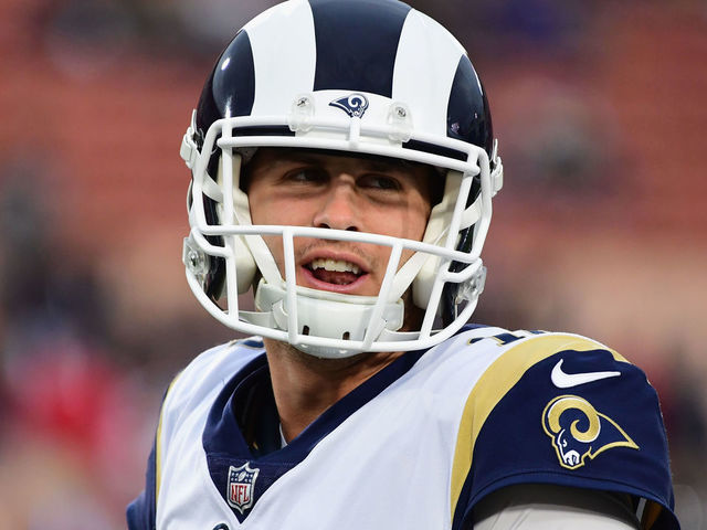 LOS ANGELES, CA - JANUARY 06: Quarterback Jared Goff #16 of the Los Angeles Rams looks on while warming up for the NFC Wild Card Playoff game against the Atlanta Falcons at Los Angeles Coliseum on January 6, 2018 in Los Angeles, California.