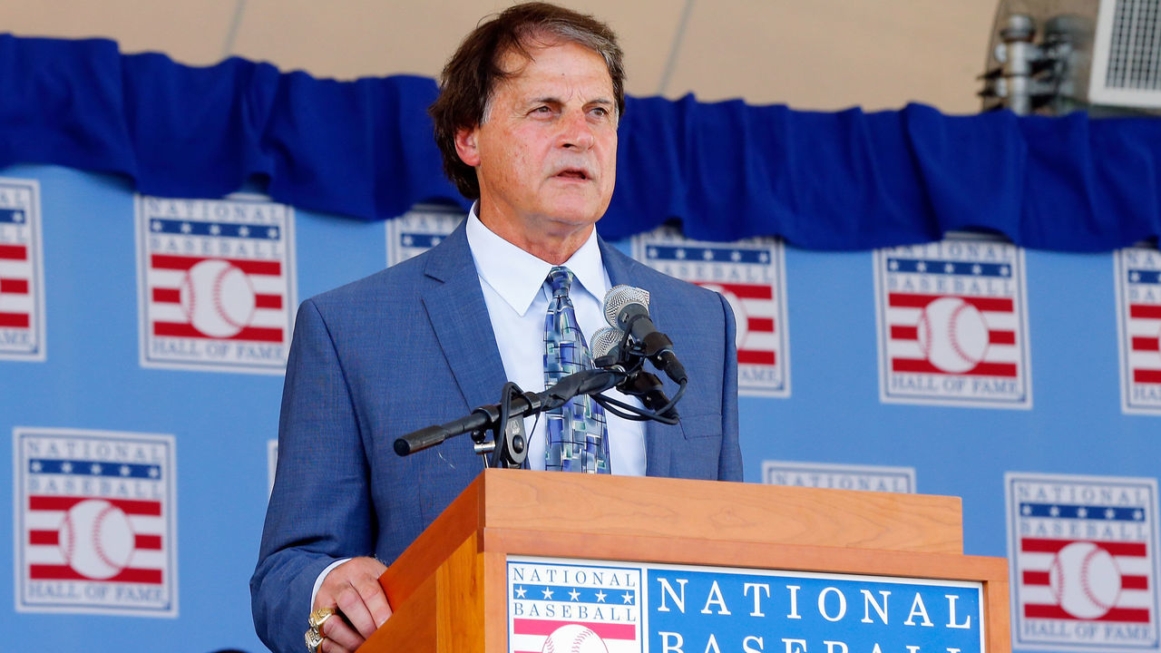 COOPERSTOWN, NY - JULY 27: Inductee Tony La Russa gives his speech at Clark Sports Center during the Baseball Hall of Fame induction ceremony on July 27, 2014 in Cooperstown, New York. La Russa managed for 33 seasons with 2,728 victories and led his teams to six pennants and three Worls Series titles.