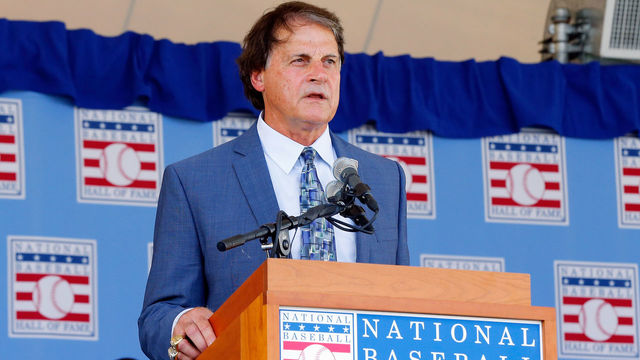 COOPERSTOWN, NY - JULY 27: Inductee Tony La Russa gives his speech at Clark Sports Center during the Baseball Hall of Fame induction ceremony on July 27, 2014 in Cooperstown, New York. La Russa managed for 33 seasons with 2,728 victories and led his teams to six pennants and three Worls Series titles.