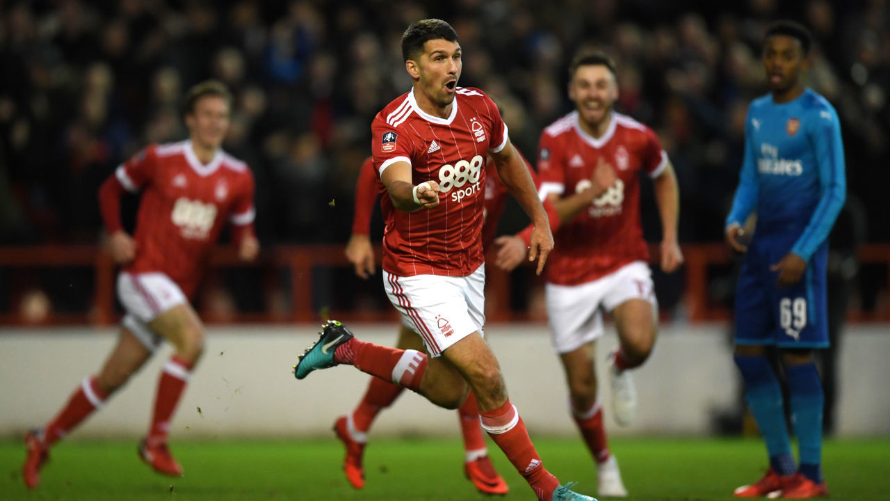 NOTTINGHAM, ENGLAND - JANUARY 07: Eric Lichaj of Nottingham Forest celebrates scoring his side's first goal during The Emirates FA Cup Third Round match between Nottingham Forest and Arsenal at City Ground on January 7, 2018 in Nottingham, England.