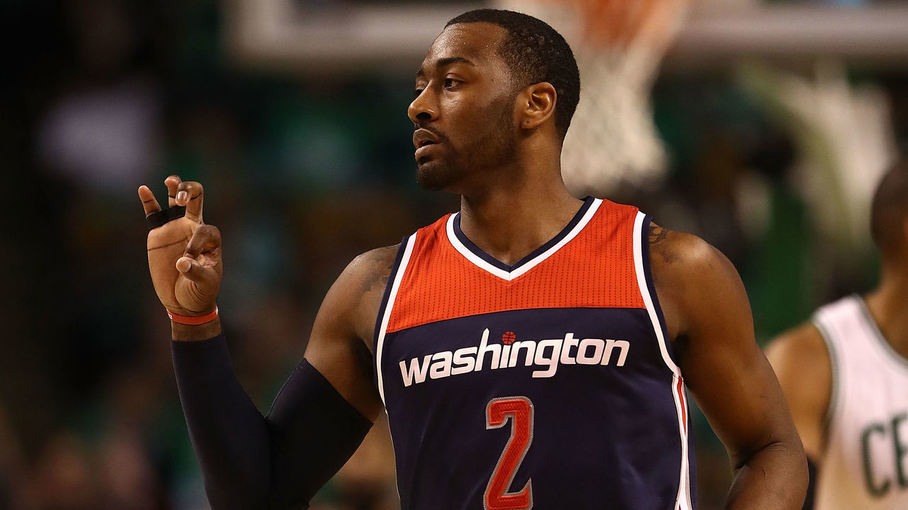 BOSTON, MA - MAY 15: John Wall #2 of the Washington Wizards reacts against the Boston Celtics during Game Seven of the NBA Eastern Conference Semi-Finals at TD Garden on May 15, 2017 in Boston, Massachusetts.
