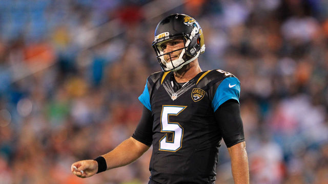 JACKSONVILLE, FL - AUGUST 28: Blake Bortles #5 of the Jacksonville Jaguars reacts during the first half of the preseason game against the Cincinnati Bengals at EverBank Field on August 28, 2016 in Jacksonville, Florida.