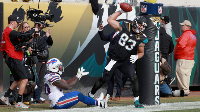 JACKSONVILLE, FL - JANUARY 07: Tight end Ben Koyack #83 of the Jacksonville Jaguars spikes the ball in front of outside linebacker Ramon Humber #50 of the Buffalo Bills after catching a third quarter touchdown pass during the AFC Wild Card Playoff game at EverBank Field on January 7, 2018 in Jacksonville, Florida.