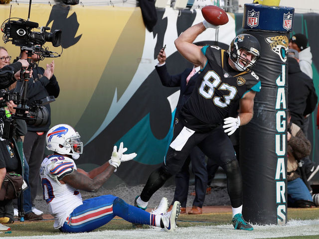 JACKSONVILLE, FL - JANUARY 07: Tight end Ben Koyack #83 of the Jacksonville Jaguars spikes the ball in front of outside linebacker Ramon Humber #50 of the Buffalo Bills after catching a third quarter touchdown pass during the AFC Wild Card Playoff game at EverBank Field on January 7, 2018 in Jacksonville, Florida.