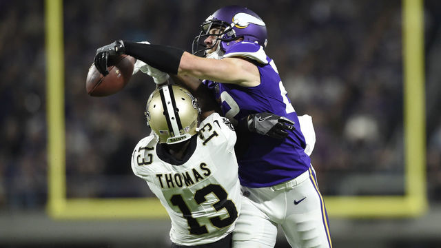 MINNEAPOLIS, MN - SEPTEMBER 11: Harrison Smith #22 of the Minnesota Vikings bats the ball away from Michael Thomas #13 of the New Orleans Saints in the second half of the game on September 11, 2017 at U.S. Bank Stadium in Minneapolis, Minnesota.