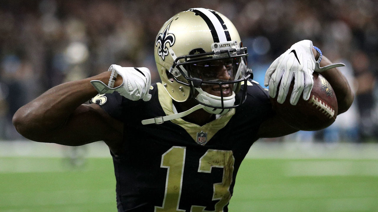 NEW ORLEANS, LA - JANUARY 07: Michael Thomas #13 of the New Orleans Saints reacts after a firs down against the Carolina Panthers at the Mercedes-Benz Superdome on January 7, 2018 in New Orleans, Louisiana.