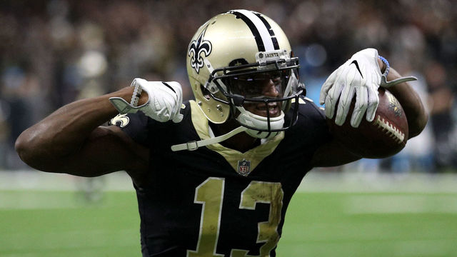 NEW ORLEANS, LA - JANUARY 07: Michael Thomas #13 of the New Orleans Saints reacts after a firs down against the Carolina Panthers at the Mercedes-Benz Superdome on January 7, 2018 in New Orleans, Louisiana.