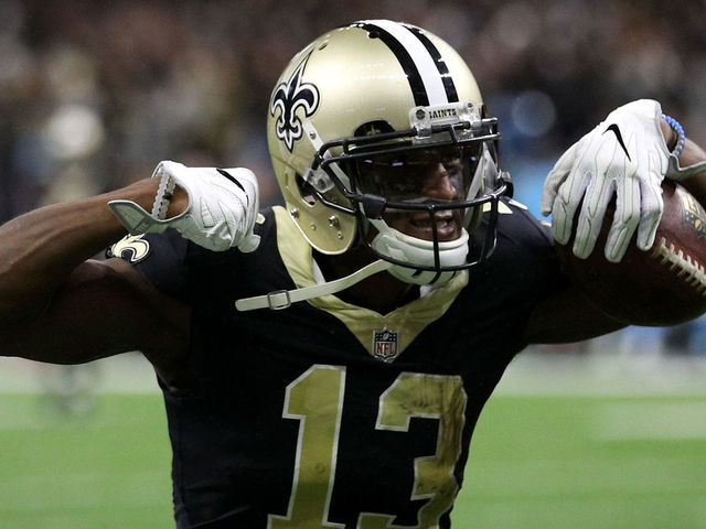 NEW ORLEANS, LA - JANUARY 07: Michael Thomas #13 of the New Orleans Saints reacts after a firs down against the Carolina Panthers at the Mercedes-Benz Superdome on January 7, 2018 in New Orleans, Louisiana.