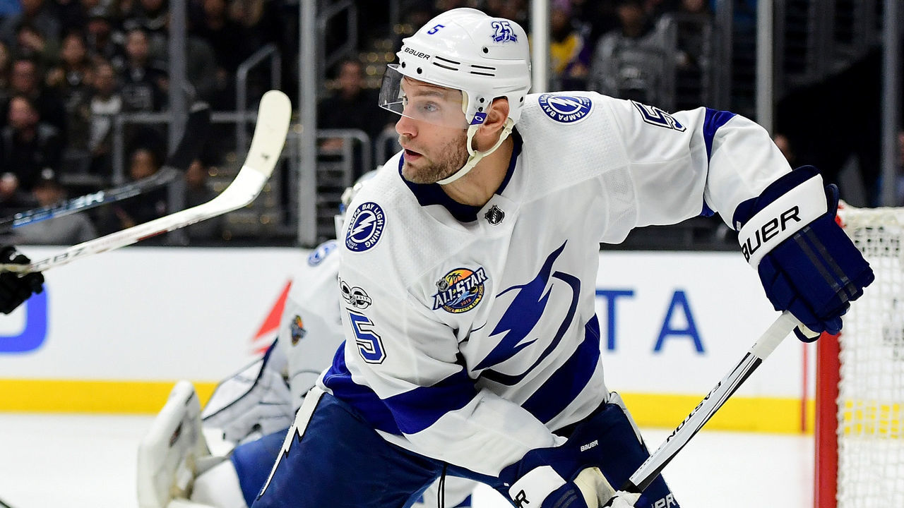 LOS ANGELES, CA - NOVEMBER 09: Dan Girardi #5 of the Tampa Bay Lightning takes control of the puck against the Los Angeles Kings at Staples Center on November 9, 2017 in Los Angeles, California.