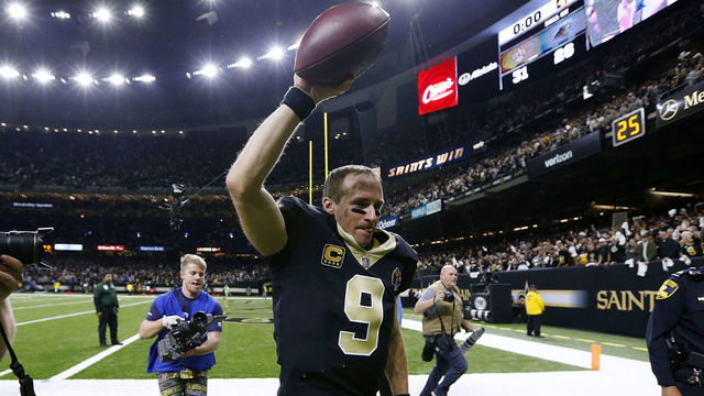 NEW ORLEANS, LA - JANUARY 07: Drew Brees #9 of the New Orleans Saints celebrates after the NFC Wild Card playoff game against the Carolina Panthers at the Mercedes-Benz Superdome on January 7, 2018 in New Orleans, Louisiana.