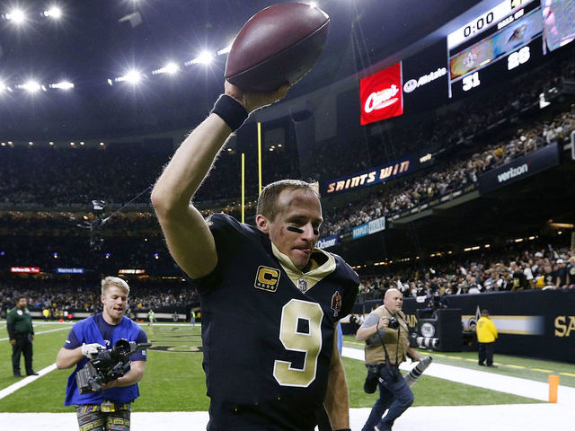 NEW ORLEANS, LA - JANUARY 07: Drew Brees #9 of the New Orleans Saints celebrates after the NFC Wild Card playoff game against the Carolina Panthers at the Mercedes-Benz Superdome on January 7, 2018 in New Orleans, Louisiana.