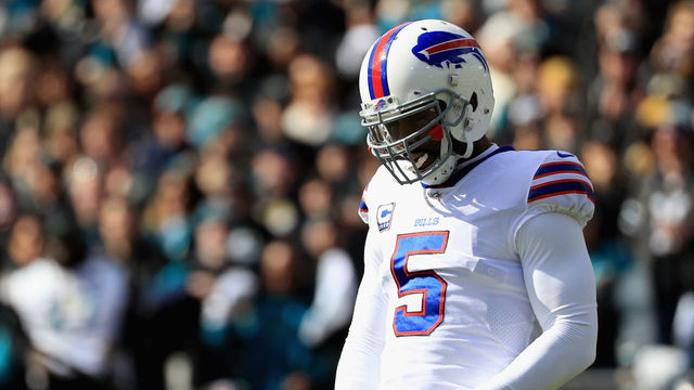 JACKSONVILLE, FL - JANUARY 07: Quarterback Tyrod Taylor #5 of the Buffalo Bills looks on in the first quarter against the Jacksonville Jaguars during the AFC Wild Card Playoff game at EverBank Field on January 7, 2018 in Jacksonville, Florida.