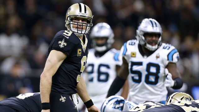 NEW ORLEANS, LA - JANUARY 07: Drew Brees #9 of the New Orleans Saints reacts during the first half of the NFC Wild Card playoff game against the Carolina Panthers at the Mercedes-Benz Superdome on January 7, 2018 in New Orleans, Louisiana.