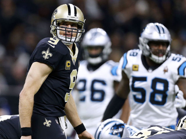 NEW ORLEANS, LA - JANUARY 07: Drew Brees #9 of the New Orleans Saints reacts during the first half of the NFC Wild Card playoff game against the Carolina Panthers at the Mercedes-Benz Superdome on January 7, 2018 in New Orleans, Louisiana.