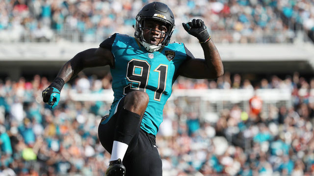 JACKSONVILLE, FL - NOVEMBER 05: Yannick Ngakoue #91 of the Jacksonville Jaguars celebrates a play on the field in the second half of their game against the Cincinnati Bengals at EverBank Field on November 5, 2017 in Jacksonville, Florida.