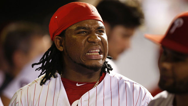 PHILADELPHIA, PA - JULY 21: Maikel Franco #7 of the Philadelphia Phillies reacts after scoring with Daniel Nava #25 on a double by Tommy Joseph #19 during the sixth inning of a game against the Milwaukee Brewers at Citizens Bank Park on July 21, 2017 in Philadelphia, Pennsylvania.