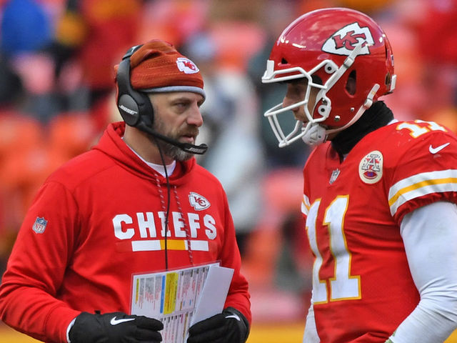 KANSAS CITY, MO - DECEMBER 24: Quarterback Alex Smith #11 of the Kansas City Chiefs talks with co-offensive coordinator Matt Nagy against the Miami Dolphins during the second half of the game at Arrowhead Stadium on December 24, 2017 in Kansas City, Missouri. ( Photo by Peter G. Aiken/Getty Images )