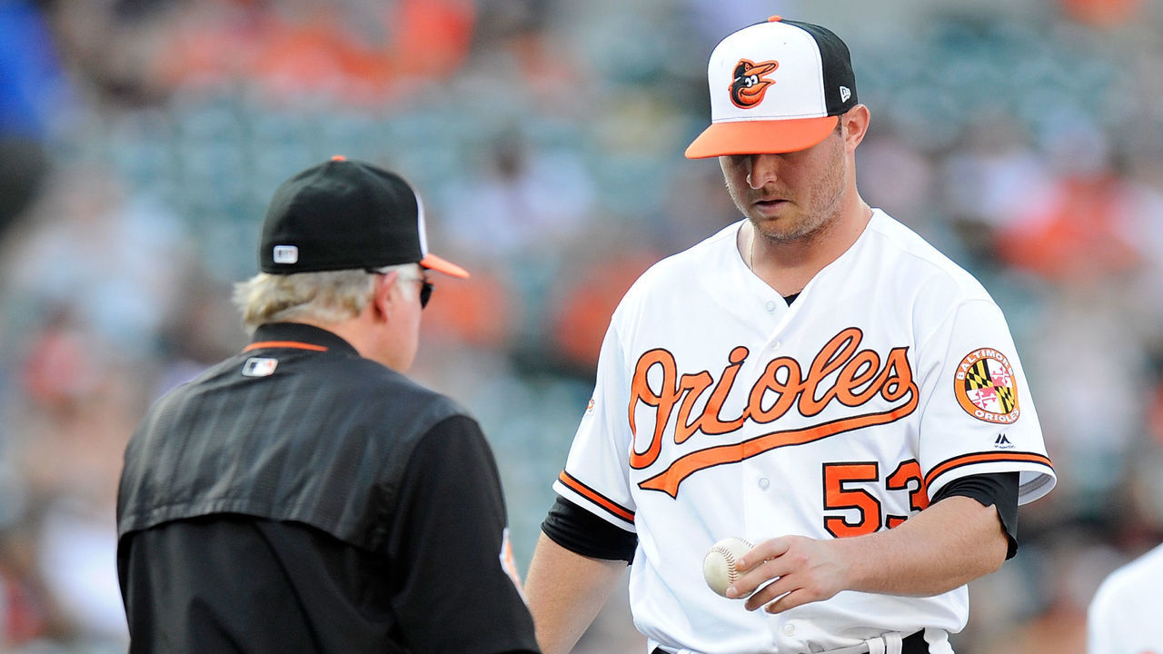 BALTIMORE, MD - AUGUST 23: Zach Britton #53 of the Baltimore Orioles is taken out of the game by manager Buck Showalter #26 in the ninth inning against the Oakland Athletics at Oriole Park at Camden Yards on August 23, 2017 in Baltimore, Maryland.