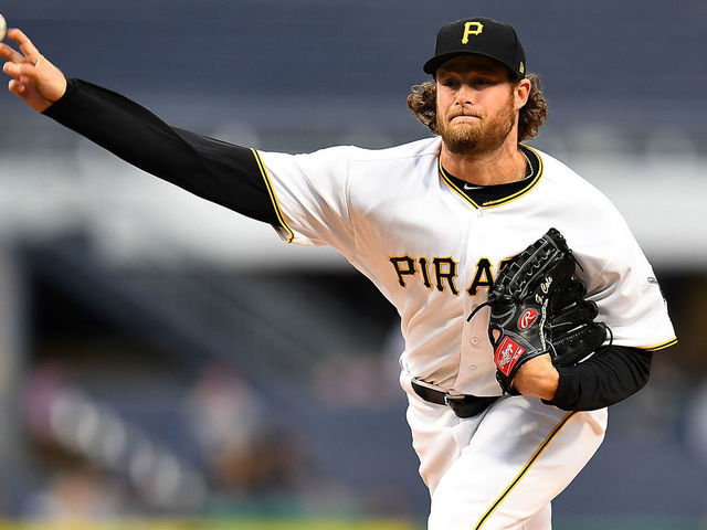 Pittsburgh Pirates starting pitcher Gerrit Cole (45) throws