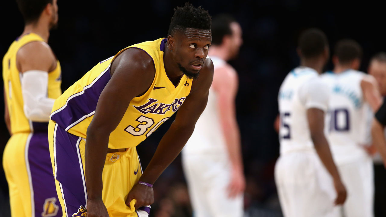 LOS ANGELES, CA - JANUARY 05: Julius Randle #30 of the Los Angeles Lakers looks on during the second half of a game against the Charlotte Hornets at Staples Center on January 5, 2018 in Los Angeles, California.