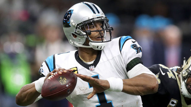 NEW ORLEANS, LA - JANUARY 07: Cam Newton #1 of the Carolina Panthers is sacked by Cameron Jordan #94 of the New Orleans Saints at the Mercedes-Benz Superdome on January 7, 2018 in New Orleans, Louisiana.